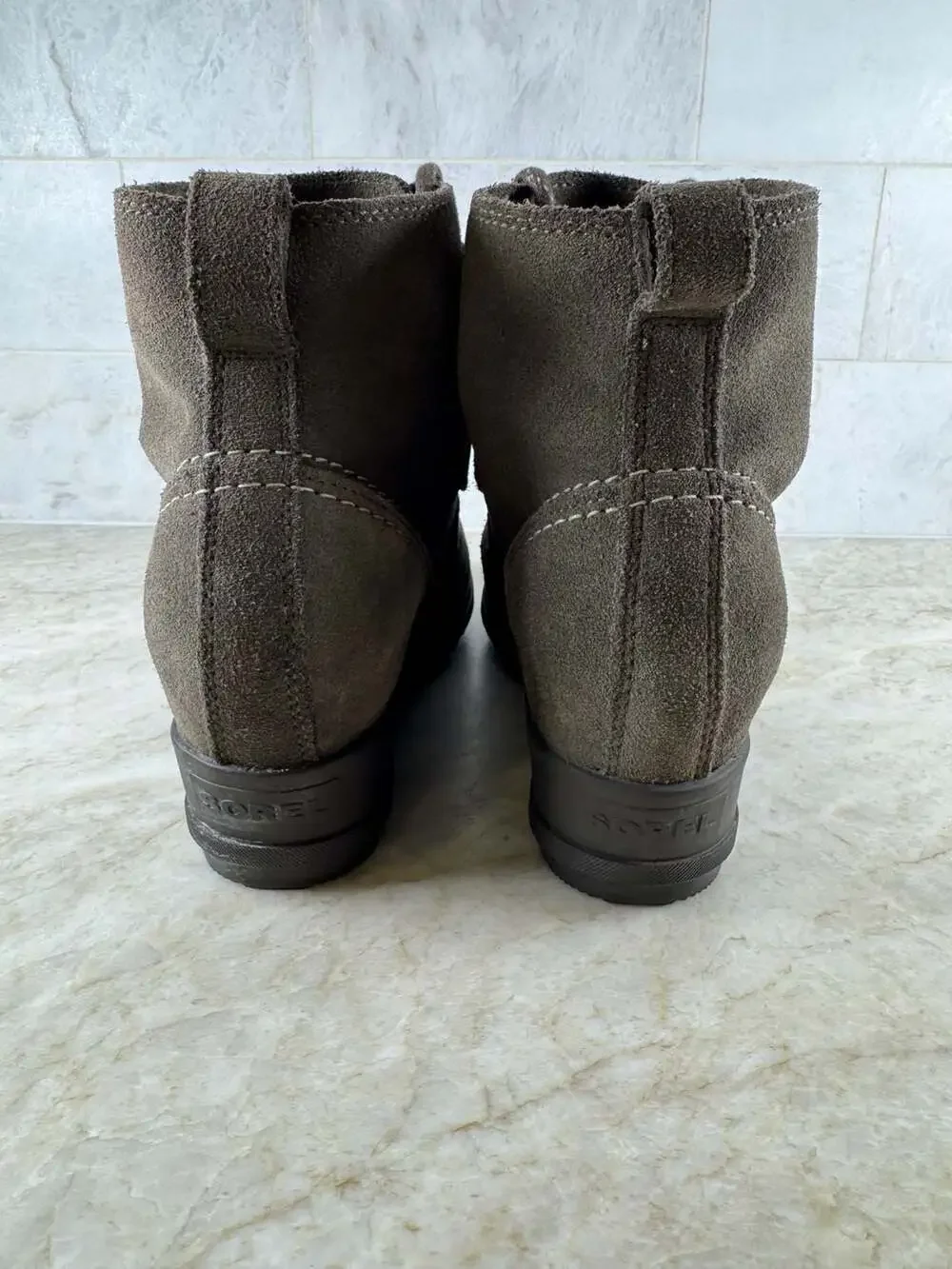 Sorel Evie Lace Waterproof Suede Wedge Ankle Booties Gray Women’s Size 8